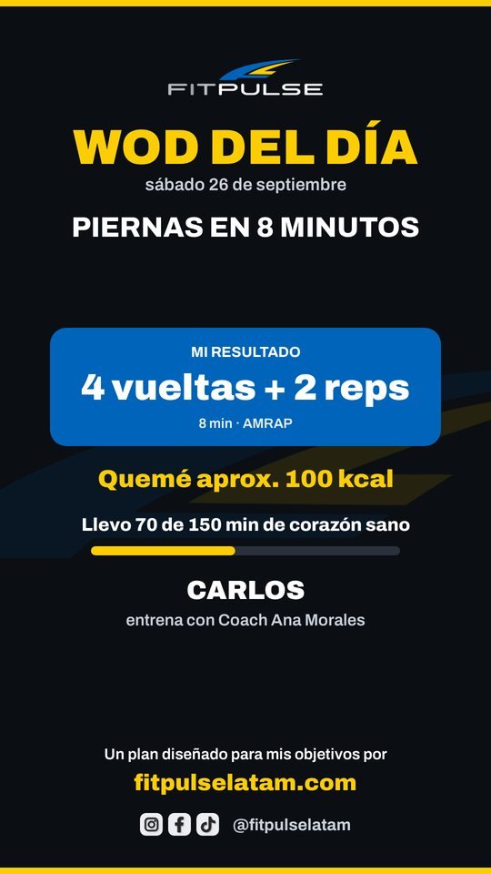 Imagen para historia: WOD del día con resultado, calorías y minutos de corazón sano